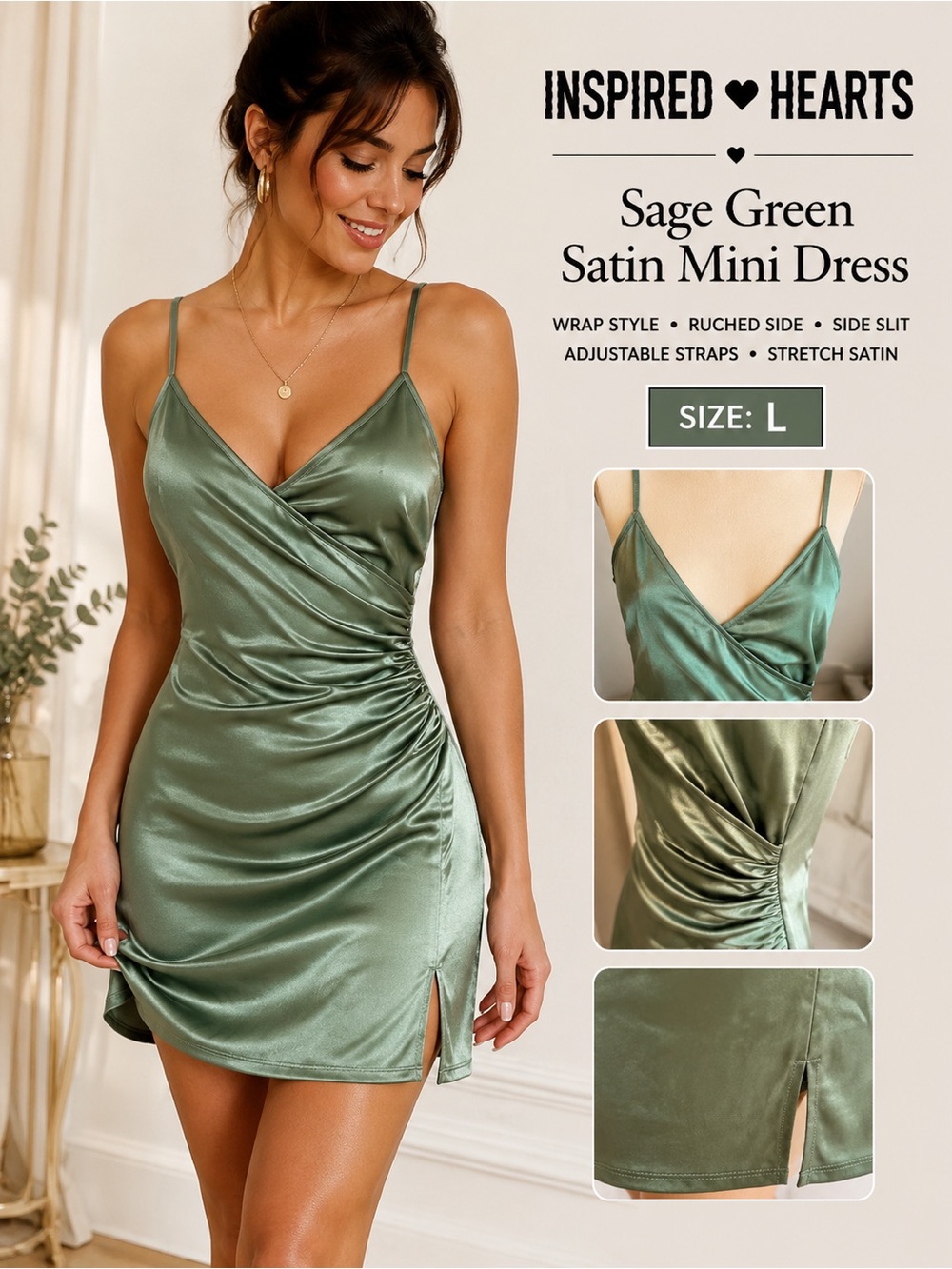 Inspired Hearts Sage Green Stretch Satin Ruched Mini Dress L